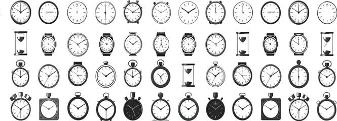 Vintage Timepieces Collection: Retro Clocks, Watches, and Timers in Black and White for Classic Design Inspiration