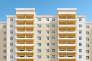 Fototapeta premium Frontal view of a beige apartment building under clear blue sky