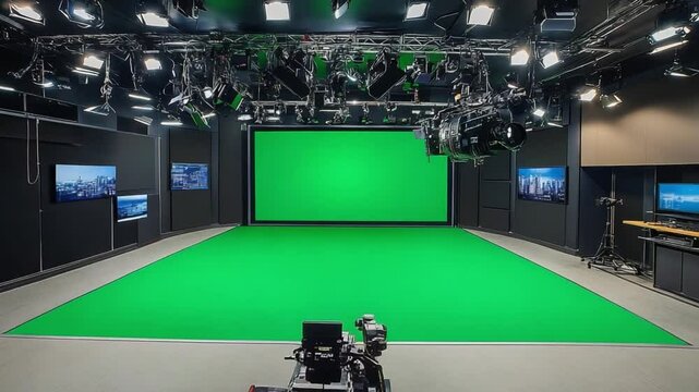 Green Screen Studio: A modern, professional TV studio with a large, bright green screen, ready for content creation, broadcasting, or video production.