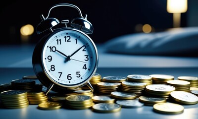 Time management and financial planning concept with clock and coins