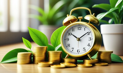 Golden alarm clock with coins and greenery: time and finance concept