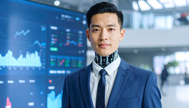 A striking portrait of a businessman with a cyborg neck, standing confidently in front of a data screen