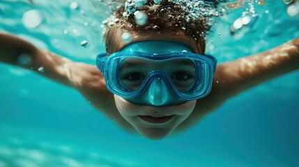 Fototapeta premium A young boy swims effortlessly beneath the water’s surface, showcasing joy and excitement while wearing a blue mask and surrounded by bubbles in a vibrant pool setting.