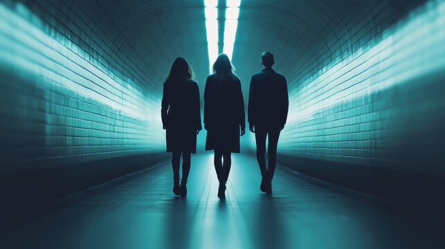 Three distinct silhouettes walking through a modern, illuminated tunnel, evoking feelings of mystery and the journey of life amid technological progress.