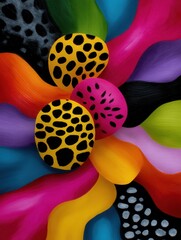 Colorful abstract composition of leopard print stones and flowing fabric in vibrant rainbow colors