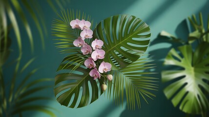 Lush Tropical Green Leaves and Delicate Pink Orchids with Sunlight Shadows on Teal Background.