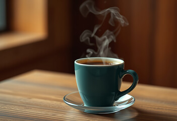 cup of coffee on wooden table