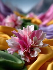 Close-up of colorful silk flower arrangement with pink, purple, yellow, and green petals and background blur