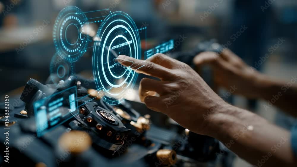 Poster close up of an industrial engineer using a futuristic touchscreen interface, managing blockchain tra
