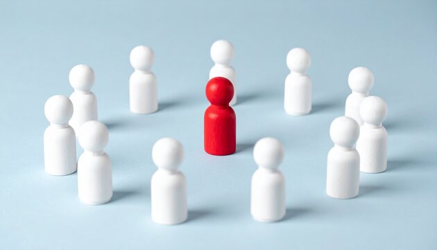 A group of figures that form a circle around a central person. The central figure is red, highlighting it from the rest