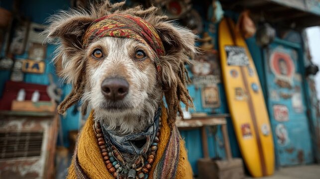 Bohemian-style dog with colorful scarf and beads in front of vintage surf shop, perfect for pet lifestyle branding, travel visuals, and quirky advertising concepts - Powered by Adobe