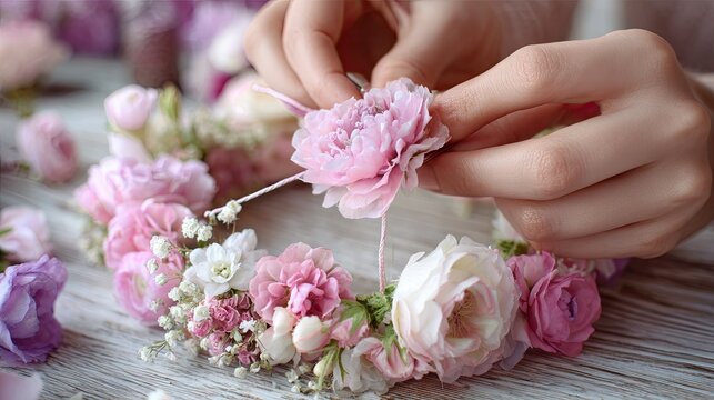 Hands threading a needle through fresh flowers for a circular floral garland