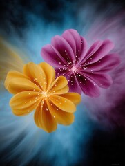 Vibrant abstract floral artwork featuring colorful blooming flowers with sparkling details in a dynamic background