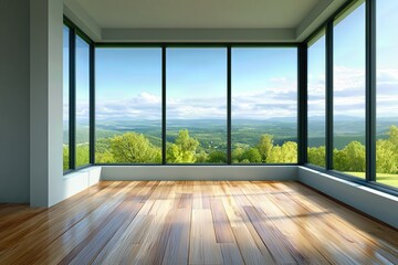 Obraz premium Bright interior space with panoramic windows overlooking lush green landscapes