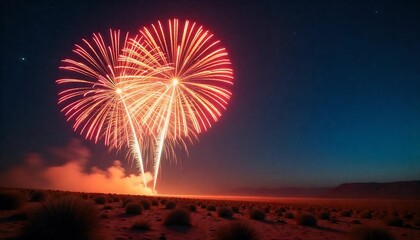 4k long shot 42s. real shining fireworks for celebration background. large golden glowing firework during new year's eve countdown festival in the sky display at night with colorful