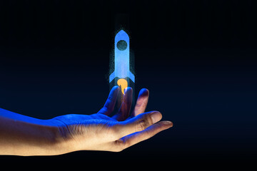 hand of businessman interactive touching a holographic of transaction financial network data...