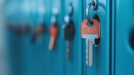 A detailed shot of a key hanging from a locker, exemplifying themes of security, access, and organization in daily life, surrounded by a collection of lockers.