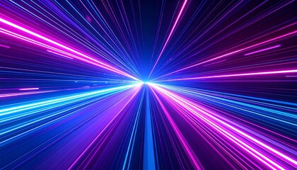Dynamic lines of neon light converge at a central point, creating a mesmerizing effect of speed and energy. The visual is dominated by hues of blue and purple.