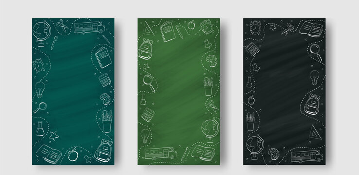 Back to school in chalk doodle style on blackboard. Template of a school poster with hand drawn accessories and copyspace. Banner template with school supplies frame. Vector illustration