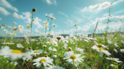 A colorful display of daisies in full bloom across a wide field, contrasted against a bright sky, evoking feelings of joy, beauty, and serenity in nature.