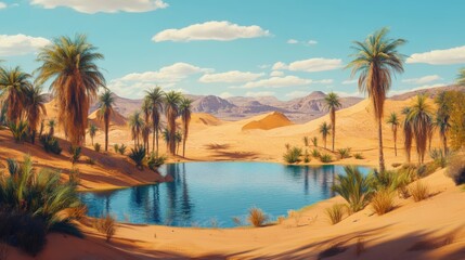 Desert oasis with palm trees and a serene body of water