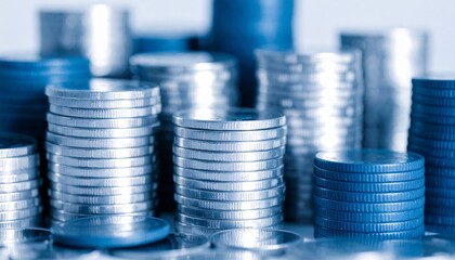 Stacks of silver coins suggesting savings, finance, or wealth accumulation. The coins are neatly arranged in stacks, conveying themes of finance and wealth