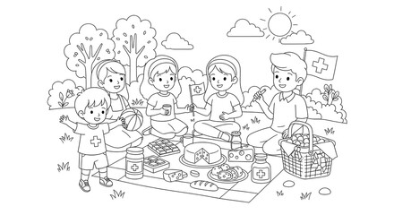 Fototapeta premium Coloring page of swiss national day picnic with family and friends for kids activity book on transparent background