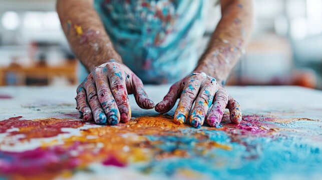 A close-up of a person's hands covered in an array of vibrant paints, symbolizing creativity and artistic expression in a colorful and engaging environment.
