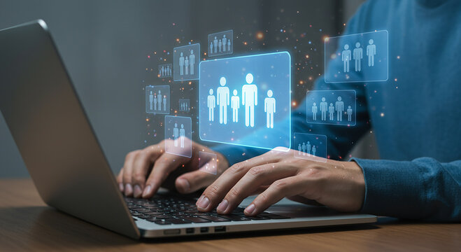 Person using laptop with digital group icons - Powered by Adobe