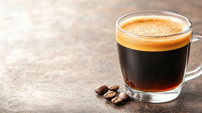 A steaming cup of freshly brewed black coffee in a clear glass mug, showcasing rich colors and texture, ideal for morning routines or cozy coffee breaks. - Powered by Adobe