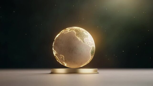 Global Radiance: The golden globe, symbolizing the Earth, glows with radiant energy, presented on a minimalist pedestal, emanating an aura of elegance and significance. A visual ode to our world.