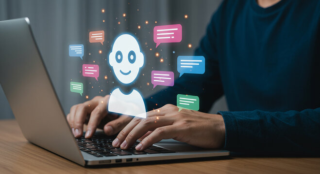Person using laptop with chat bubbles and avatar