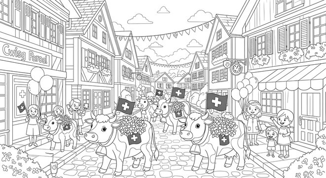 Switzerland cows parade coloring page for kids and adults swiss national day celebration on transparent background - Powered by Adobe