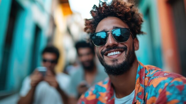 A smiling man with curly hair wears sunglasses in a vibrant street, with colorful buildings and friends in the background, capturing a joyful moment of connection and fun.