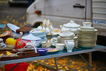 Old vintage objects at the flea market in Paris, France.