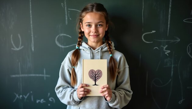 A young girl with braided hair holds a book with a tree illustration. She stands in front of a chalkboard filled with mathematical symbols.