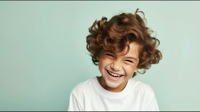 Cute Laughing Boy isolated on the Minimalist Pastel Color Background - Happy Kid
