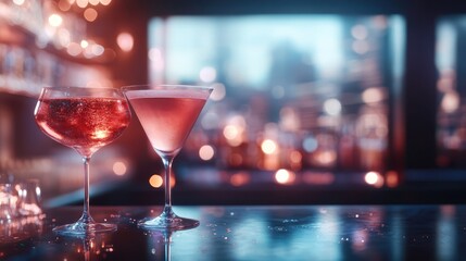 This artistic composition features two elegant cocktails against a blurred bar background, showcasing vibrant hues and inviting an atmosphere of relaxation and enjoyment.