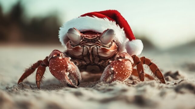 This whimsical image showcases a playful crab wearing a Santa hat, blending the spirit of Christmas with the charm of a beach setting, evoking creativity and fun.