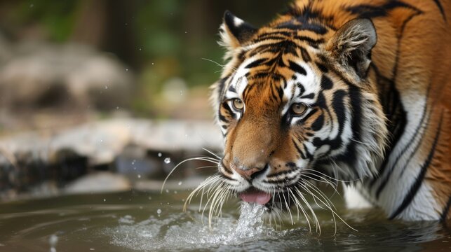 A breathtaking photograph of a majestic tiger drinking water at the riverbank, capturing its beauty and grace in a natural habitat amidst the serene surroundings.