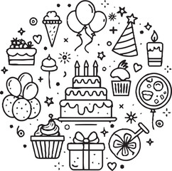 
A festive line art illustration featuring birthday-themed icons such as a cake, balloons, gifts, party hats, champagne glasses, fireworks, and decorations, all arranged in a circular layout.