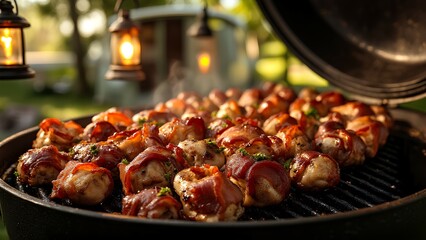 Bacon-wrapped chicken bites grilling on a barbecue with warm lantern lighting in an outdoor setting.