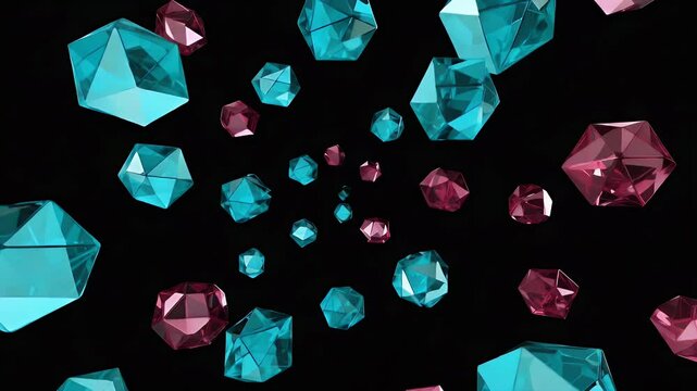 Polygon gemstones float in space. Teal and red objects against a black background