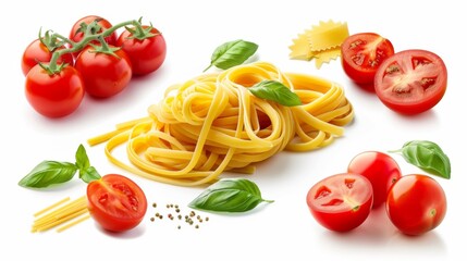 A beautiful arrangement of pasta, vine-ripened tomatoes, and fresh basil, representing a delicious Italian dish perfect for food lovers and culinary enthusiasts alike.