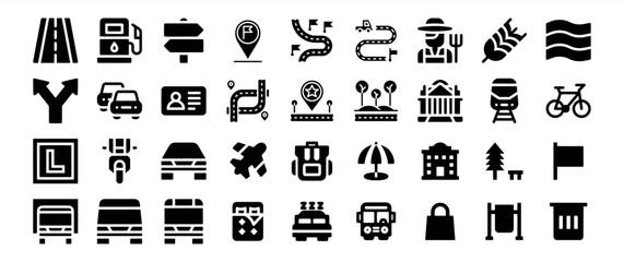 Black Glyph Icon Set Travel Transportation Road Map Navigation