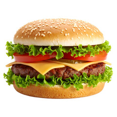 Delicious cheeseburger with sesame seeds for food blog, restaurant menu, social media, advertisements, cookbook, culinary website, and fast food promotions.