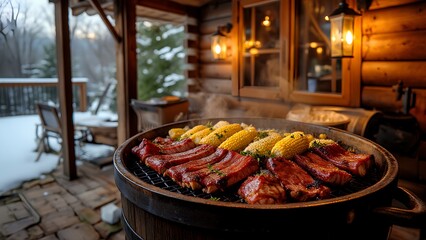A cozy outdoor barbecue on a snowy day, featuring grilled ribs and corn on a rustic wooden deck with warm cabin lighting.