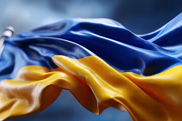 Closeup of the Ukrainian flag with its vivid blue and yellow colors showcasing dynamic folds and lighting