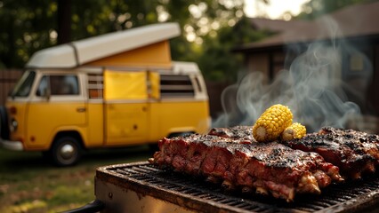 Grilled ribs and corn cooking on a barbecue with smoke rising, set outdoors near a yellow camper van during a sunny day.