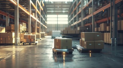 An advanced automated warehouse featuring delivery robots navigating through sleek aisles filled with packages, symbolizing innovation and efficiency in modern logistics operations.